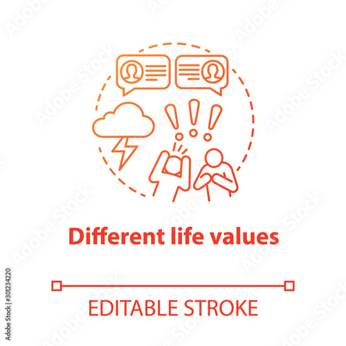 Different life values concept icon. Family quarrel. Disagreement. Inability to negotiate. Mutual accusations of partners idea thin line illustration. Vector isolated outline drawing. Editable stroke