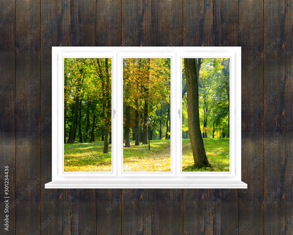 Fototapeta premium panoramic window in room with view to autumnal park