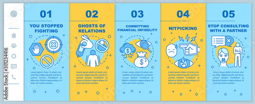 Trouble in relationships onboarding mobile web pages vector template. Responsive smartphone website interface idea with linear illustrations. Webpage walkthrough step screens. Color concept