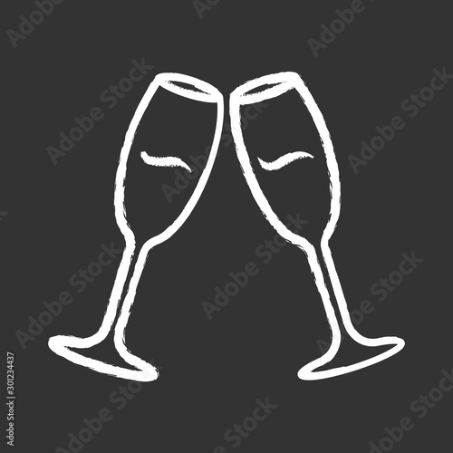 Two clinking champagne glasses chalk icon. Champagne flutes. Glassfuls of alcohol beverage. Wine service. Celebration. Wedding. Degustation. Cheers. Isolated vector chalkboard illustration