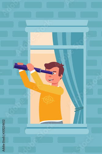 Man looking through telescope in window illustration isolated on blue background