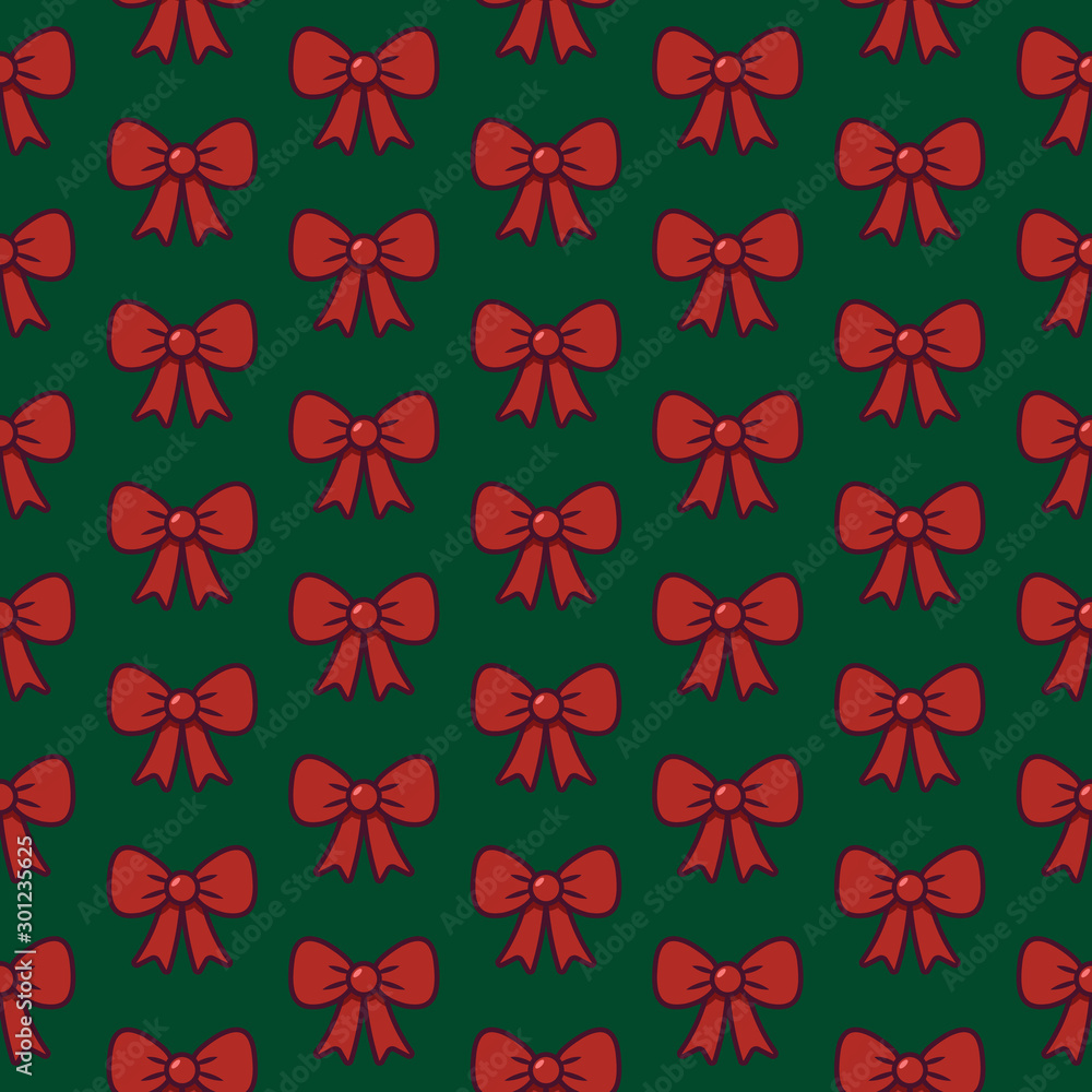 Christmas background with red ribbons on green. Seamless pattern