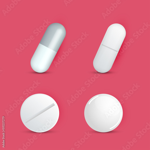 Set of realistic 3d drugs, illustration of chemical vitamin or painkiller