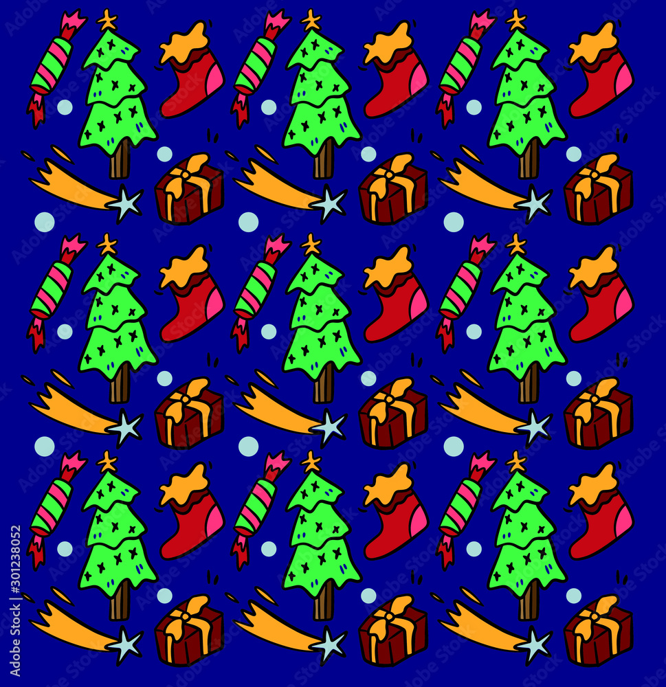 Seamless Christmas pattern with gift and tree on blue background 