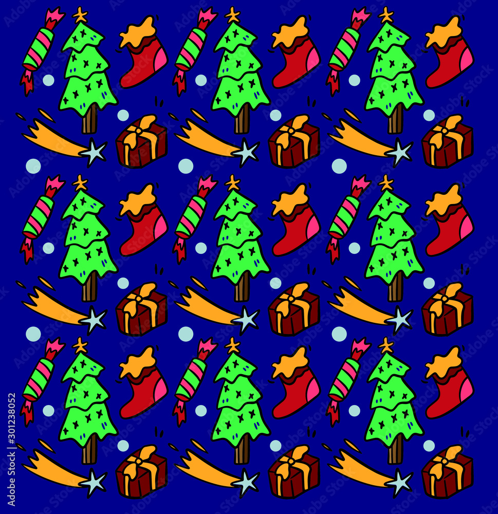 Seamless Christmas pattern with gift and tree on blue background Seamless Christmas pattern with gift and tree on blue background