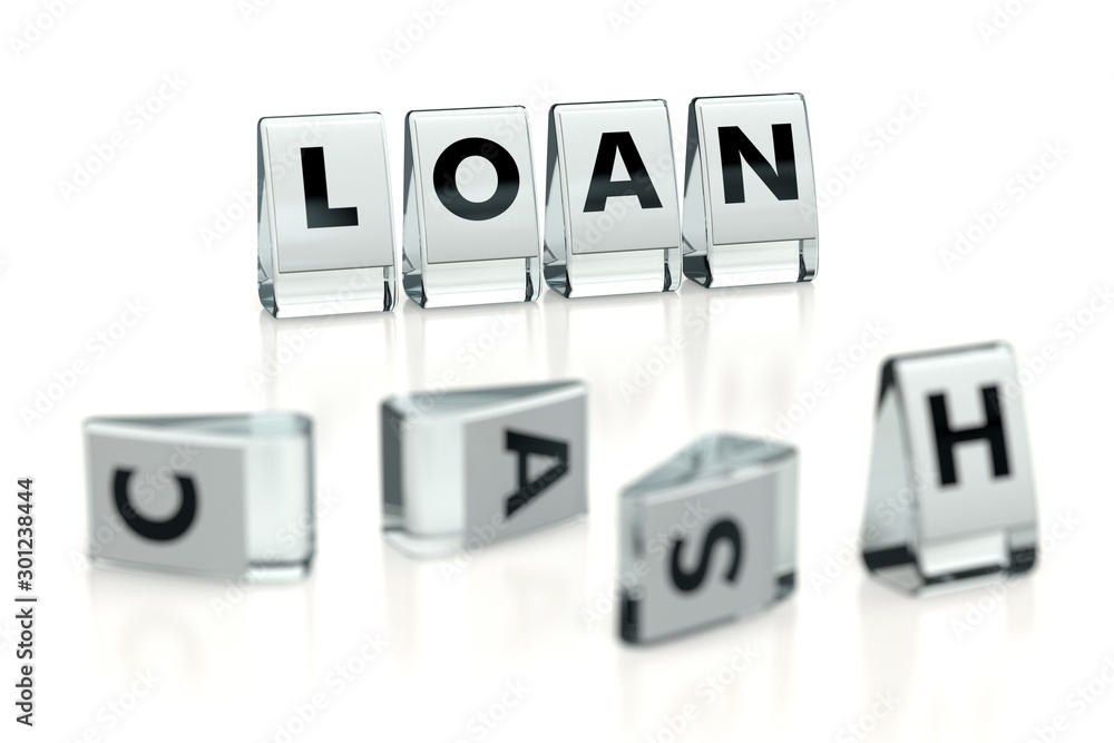 LOAN word written on glossy blocks and fallen over blurry blocks with CASH letters, isolated on white background. When have no cash loans are the solution concept for articles or blogs. 3D rendering LOAN word written on glossy blocks and fallen over blurry blocks with CASH letters, isolated on white background. When have no cash loans are the solution concept for articles or blogs. 3D rendering