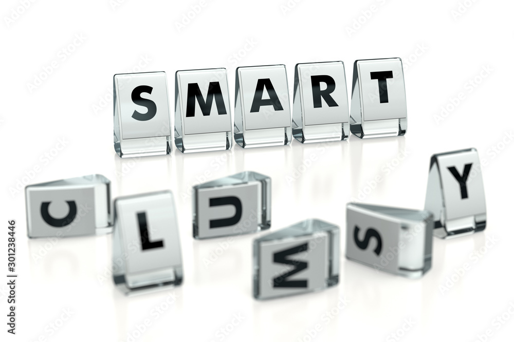 SMART word written on glossy blocks and fallen over blurry blocks with CLUMSY letters, isolated on white background. Difference between smart and clumsy - concept for articles or blogs. 3D rendering SMART word written on glossy blocks and fallen over blurry blocks with CLUMSY letters, isolated on white background. Difference between smart and clumsy - concept for articles or blogs. 3D rendering