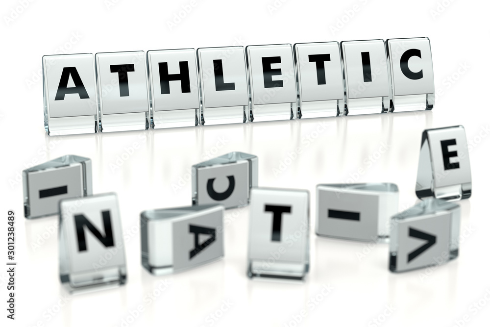 ATHLETIC word written on glossy blocks and fallen over blurry blocks with INACTIVE letters, isolated on white background. Start sport activities, get in shape and be athletic - concept. 3D rendering ATHLETIC word written on glossy blocks and fallen over blurry blocks with INACTIVE letters, isolated on white background. Start sport activities, get in shape and be athletic - concept. 3D rendering
