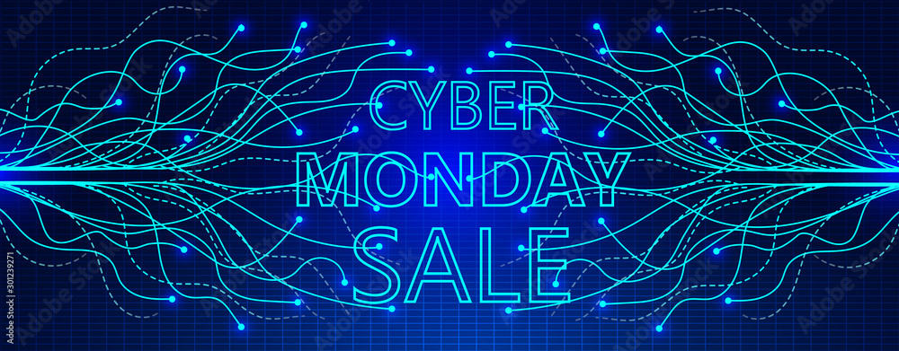 Cyber Monday sale concept on cyberspace with grid. Tiny particles are flowing from sparkles