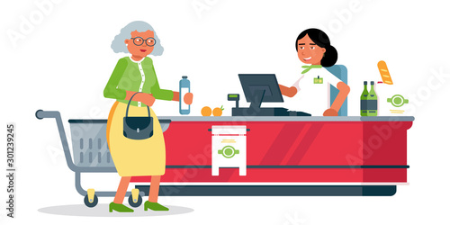 Senior woman at cash desk flat vector illustration