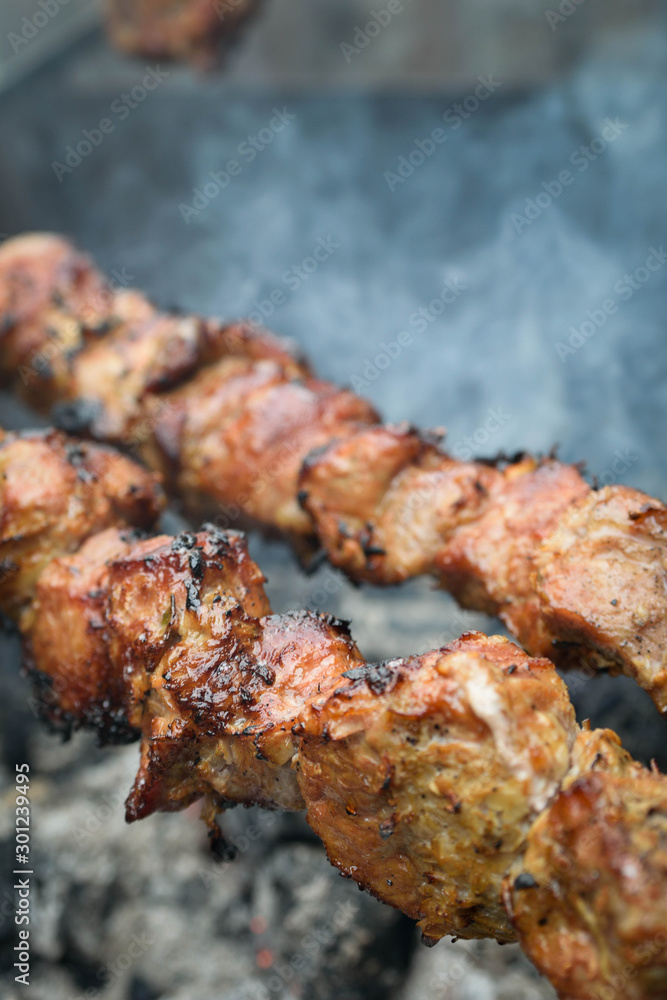 Barbecue.Juicy pieces of meat on skewers Barbecue.Juicy pieces of meat on skewers