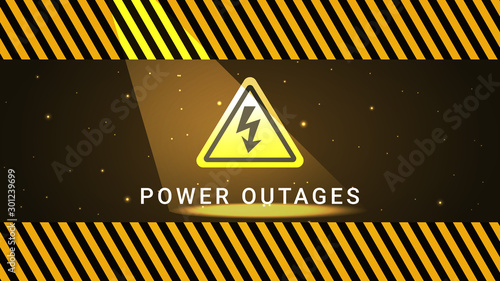 Power outage banner with a warning sign the one is on the background of the night city and bright stars and flash light