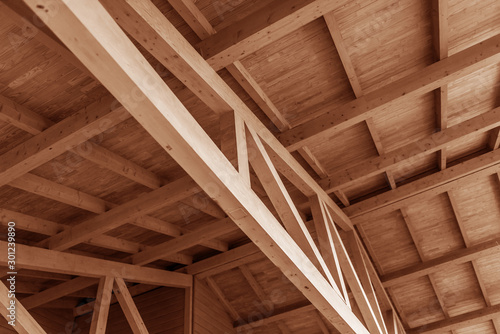 The construction of a wooden roof made of timber.