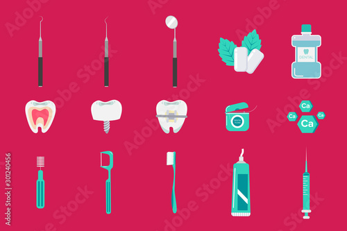 Set of modern flat conceptual icons of dental clinic services, stomatology, dentistry, orthodontics, oral health care and hygiene, tooth restoration, instruments and tools