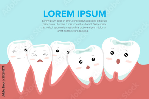 Catoon tooth character crowding. Dental problem concept, illustration.