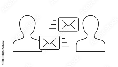 Men are emailing each other linear icon on white background. Editable stroke