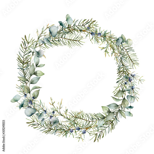 Watercolor winter wreath with juniper and eucalyptus branch. Hand painted berries and leaves composition isolated on white background. Holiday floral illustration for design, print or background. photo