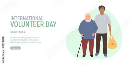 Volunteer helping older grey haired man carry products. International Volunteer Day. Social workers taking care about seniors people. Caring for the elderly. Vector illustration