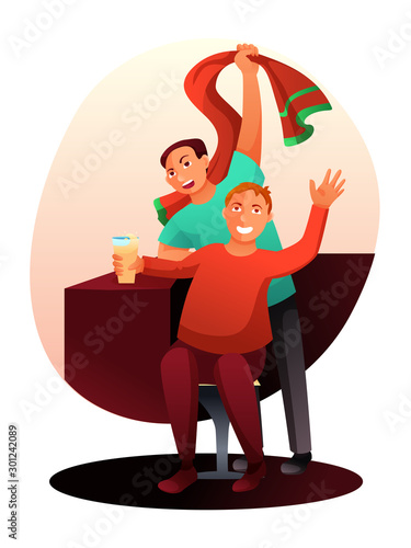 Cartoon fans character watching match in sport bar
