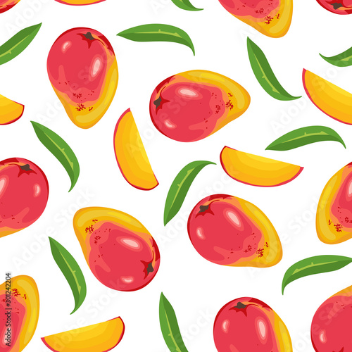 Mango fruit whole and slices seamless pattern on a white background. Vector illustration of exotic, tropical fruit in cartoon simple flat style.