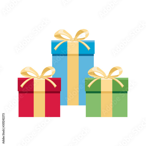 PrintGift boxes with gold bows isolated on white background. Group of holiday presents in red, blue and green. Vector festive illustration in cartoon simple flat style.