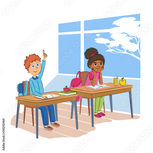 Children in classroom flat vector illustration. Schoolboy and schoolgirl in uniform cartoon characters. Diligent elementary school pupils, exemplary students. Classmates at lesson, boy raising hand.