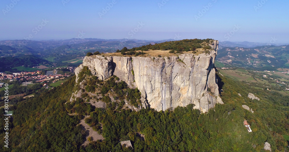 Aerial view of Bismantova Rock, Pietra di Bismantova, located near to Castelnovo Monti, Reggio Emilia, Italy