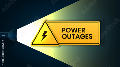 Power outage, warning poster with flashlight and triangular icon of electricity