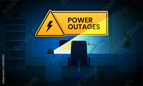 Power outage, warning poster with flashlight and triangular icon of electricity in the office workspace