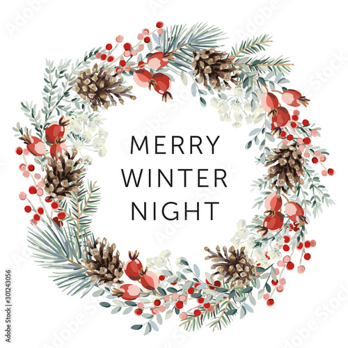 Christmas wreath with text Merry Winter Night, white background. Green pine, fir twigs, cones, red berries. Vector illustration. Nature design. Greeting card, poster template. Xmas holidays