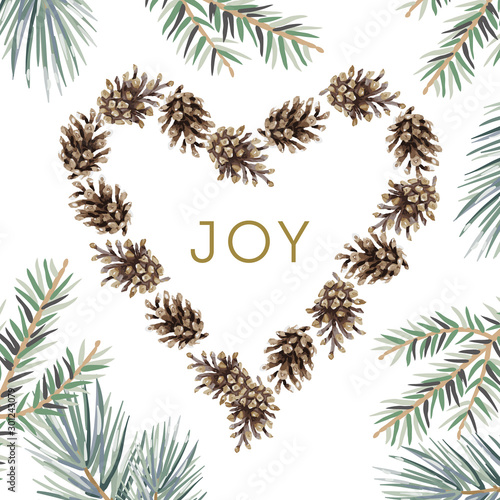 Christmas nature design frame, heart with text Joy, white background. Green pine, fir twigs, cones. Vector illustration. Greeting card, poster template. Winter xmas holidays