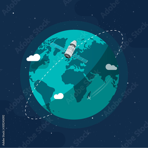 Earth in outer space vector illustration, flat cartoon satellite space ship flying around planet world, orbit station flight in cosmos or universe closeup image