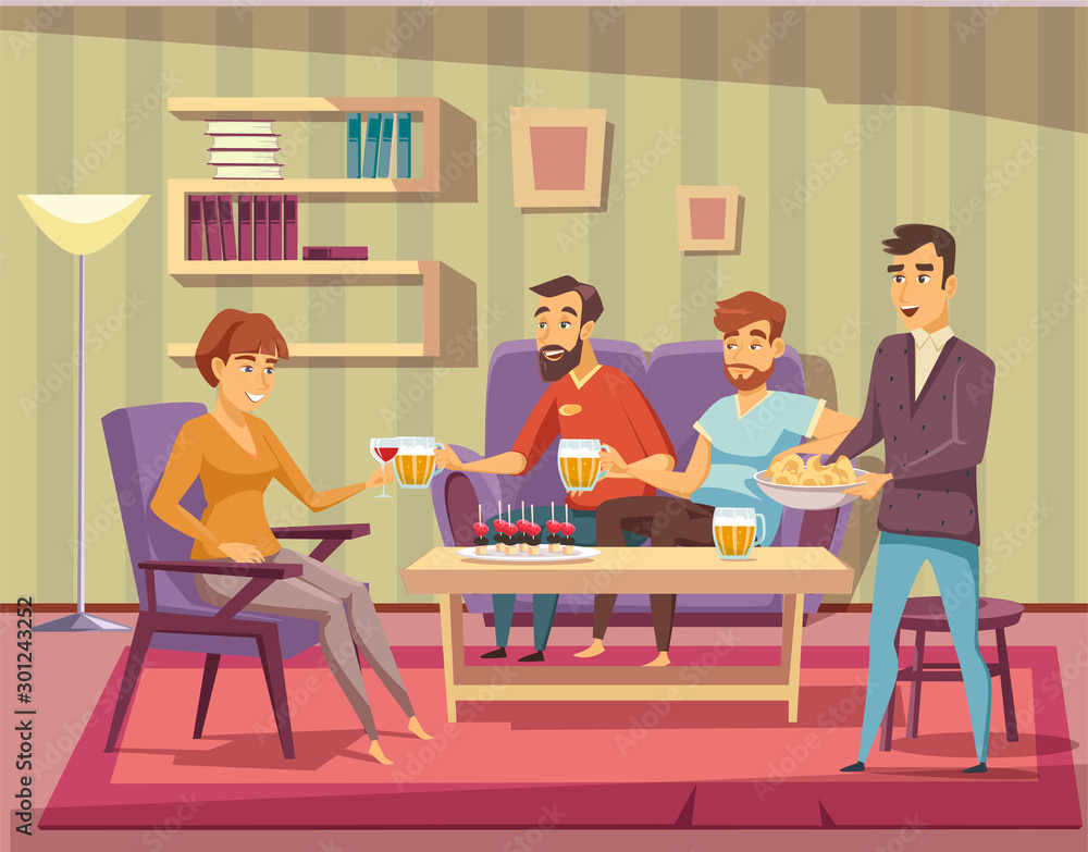 Home party flat vector illustration. Friends at house party. People relaxing in apartment living room composition. Male and female characters drinking alcohol beverages and eating snacks.