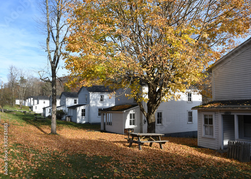 restored company houses in Cass, West Virginia- now used as rental cabins by the state park system- in autumn