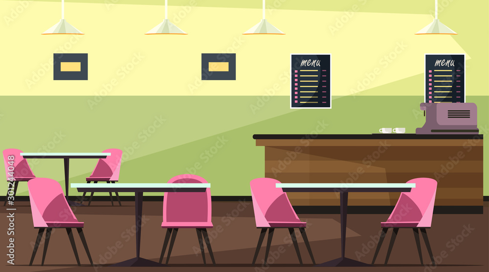 Empty cafe room with tables, chairs, bar counter Empty cafe room with tables, chairs, bar counter