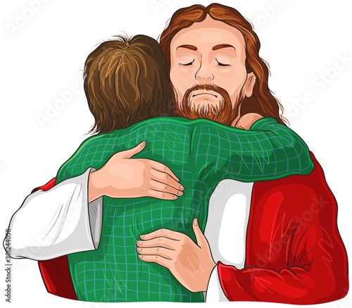 Jesus hugging child image. Vector cartoon christian illustration isolated on white