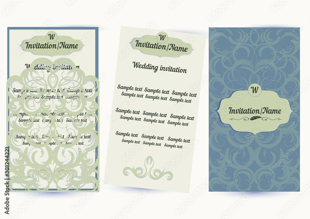 Vintage wedding invitation templates with hand drawn leaves floral pattern. 