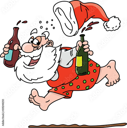 Cartoon drunk Santa Claus running without clothes vector illustration