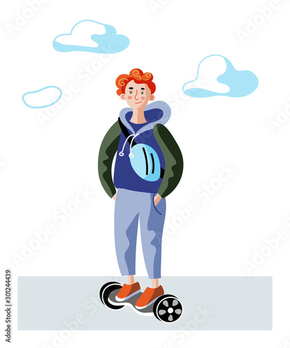 Teenager on gyroscooter flat vector illustration