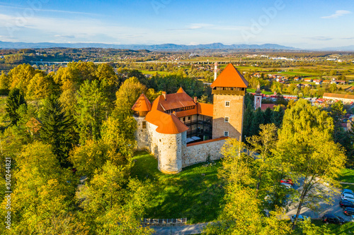 Panoramic view of Dubovac old town in autumn from drone, medieval castle in Karlovac, Croatia