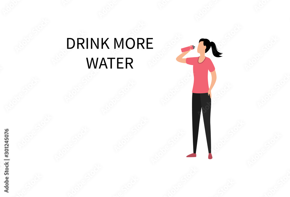 Fitness and healthy woman drinks from a sports bottle after a workout. Drink more water. World Water Day. Web banner. Flat vector illustration isolated on white background. Fitness and healthy woman drinks from a sports bottle after a workout. Drink more water. World Water Day. Web banner. Flat vector illustration isolated on white background.