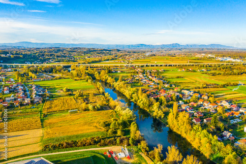 Panoramic view of Karlovac city in autumn from drone, green landscape, Croatia