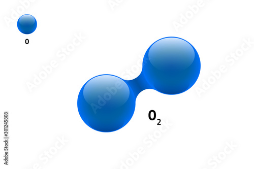 Chemistry model molecule diatomic oxygen O2 scientific element formula. Integrated particles natural inorganic 3d dioxygen gas molecular structure consisting. Two atom vector spheres