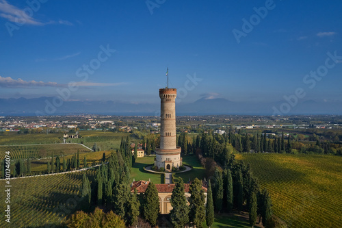 Aerial view. Tower of San Martino della Battaglia, Italy. Autumn season, tower surrounded by vineyards, blue sky