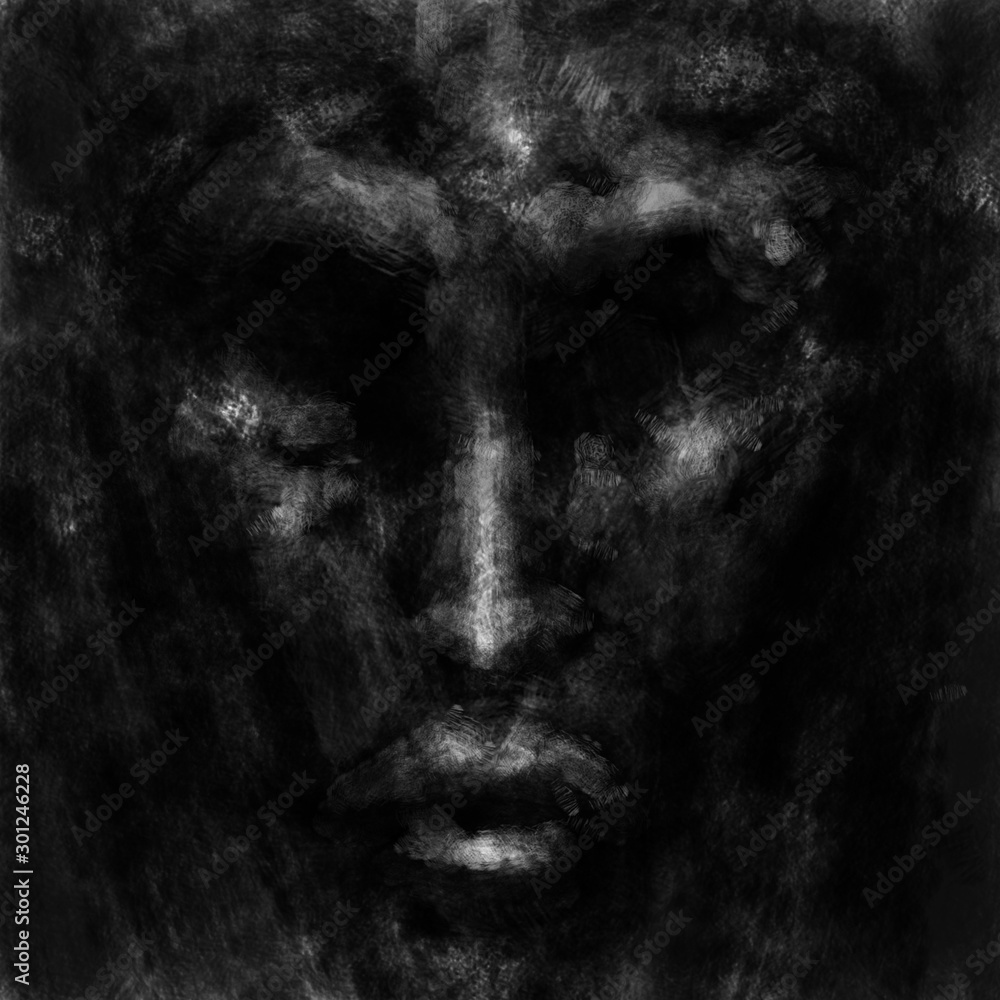 Black frightening face of a man looking forward. Black and white illustration in horror genre with coal and noise effect.