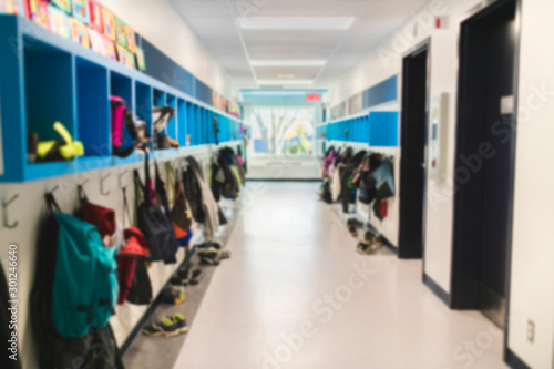 long blur corridor of a nursery school during the holidays without children