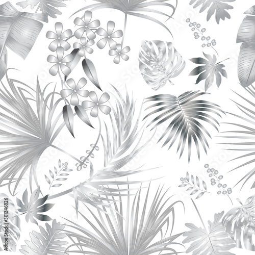 Seamless vector pattern of tropical jungle silver palm tree leaves