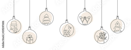 Hand drawn Christmas ball illustration with Santa Claus and friends. Doodles and sketches vector design.