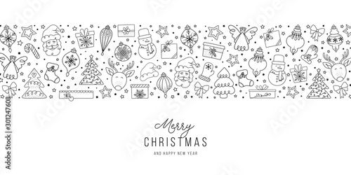 Christmas elements pattern with Santa Claus, friends and greetings. Hand drawn doddle and sketch vector illustration.