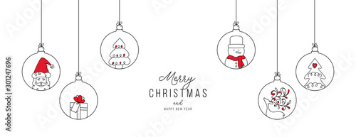 Hand drawn Christmas ball illustration with Santa Claus and friends. Doodles and sketches vector design.